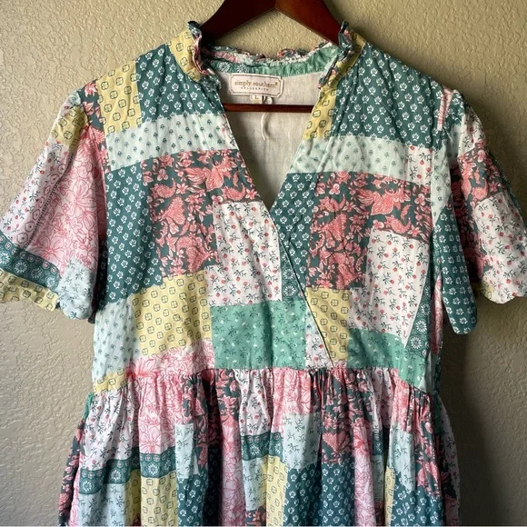 Simply Southern Womens Large Patchwork Floral Midi Dress Preppy Modest Pockets - Picture 2 of 9